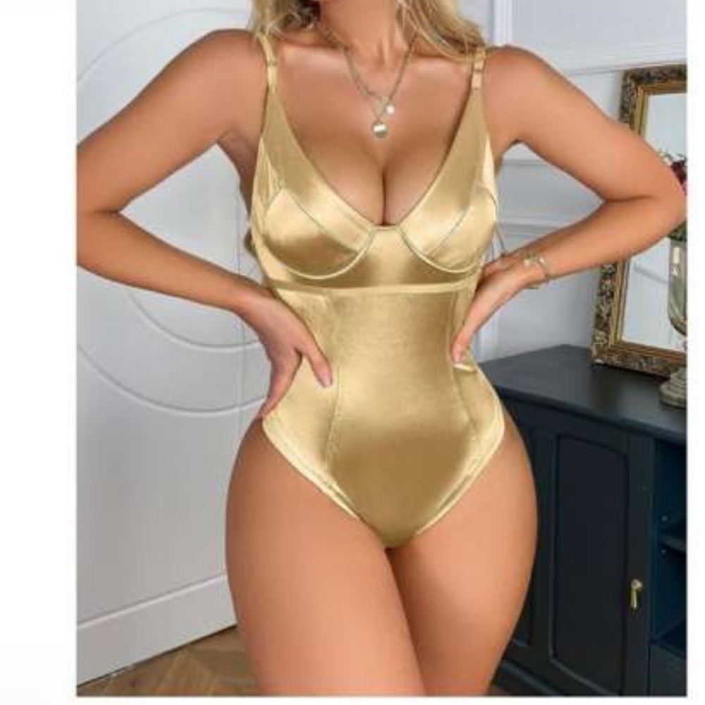 Elegant Gold Satin Shapewear Bodysuit